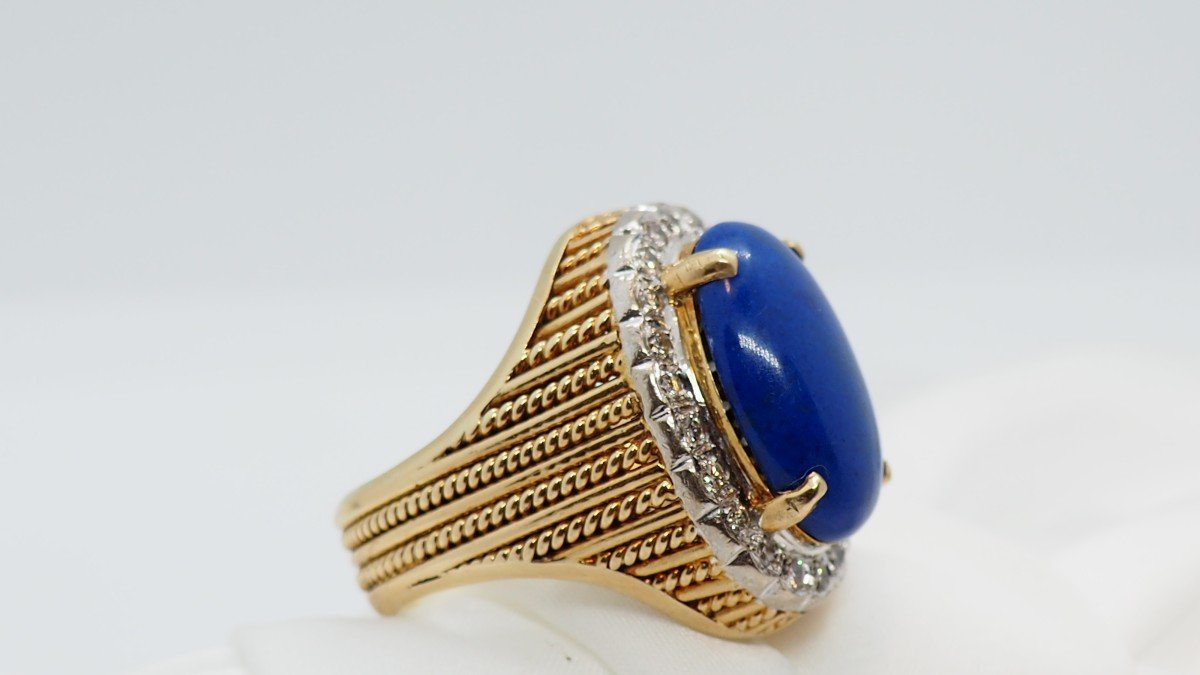 Bague En Or Jaune et blanc, Cabochon De Lapis Lazuli Et Diamants -photo-2