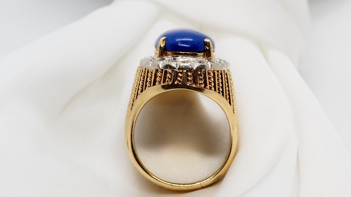 Bague En Or Jaune et blanc, Cabochon De Lapis Lazuli Et Diamants -photo-1