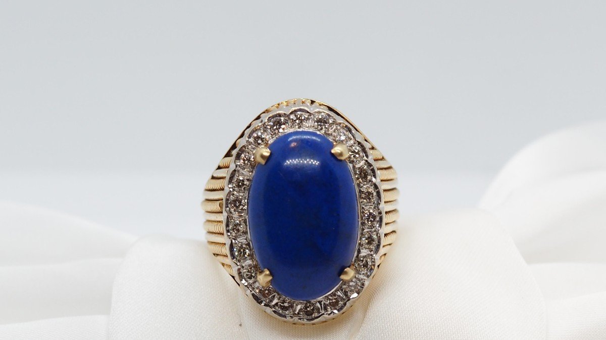 Bague En Or Jaune et blanc, Cabochon De Lapis Lazuli Et Diamants 