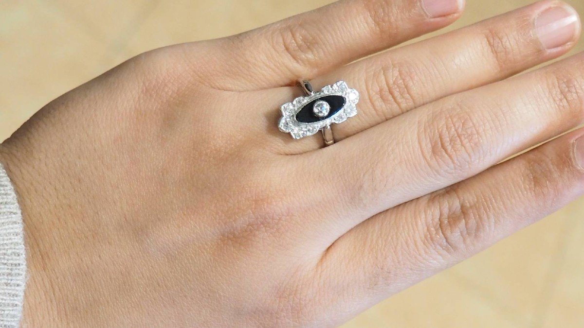 Bague Art Déco En Platine, Onyx Et Diamants-photo-3