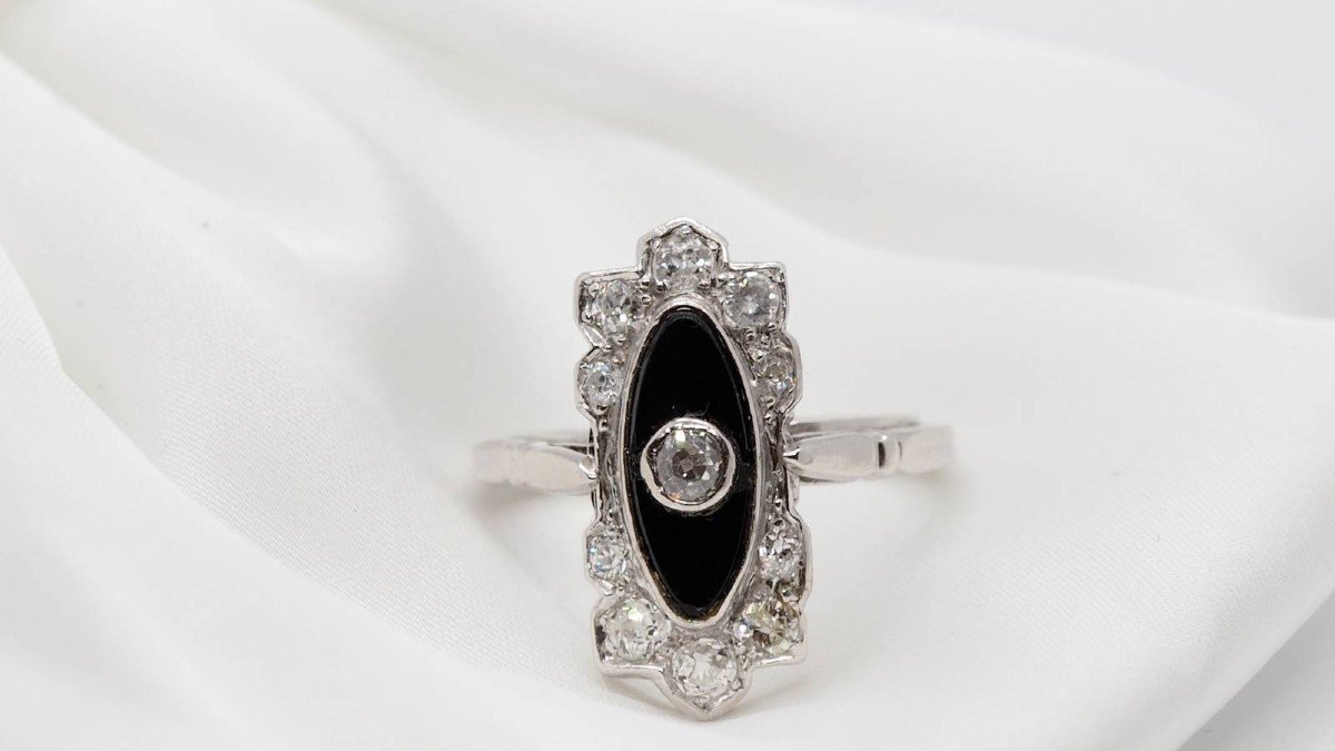 Art Deco Ring In Platinum, Onyx And Diamonds