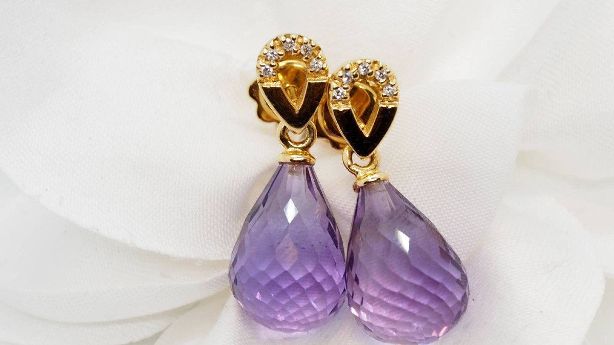 Earrings In Yellow Gold, Briolette Amethysts And Diamonds-photo-2