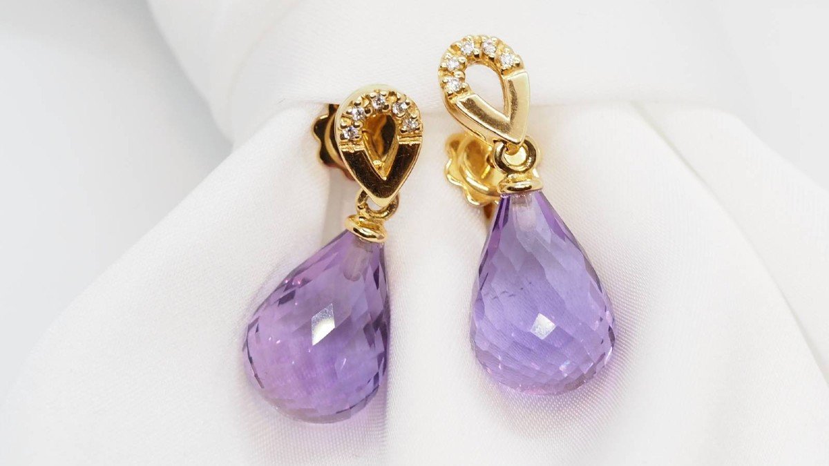 Earrings In Yellow Gold, Briolette Amethysts And Diamonds-photo-3