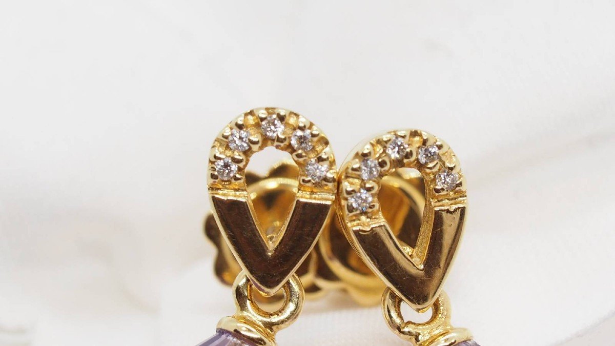 Earrings In Yellow Gold, Briolette Amethysts And Diamonds-photo-4