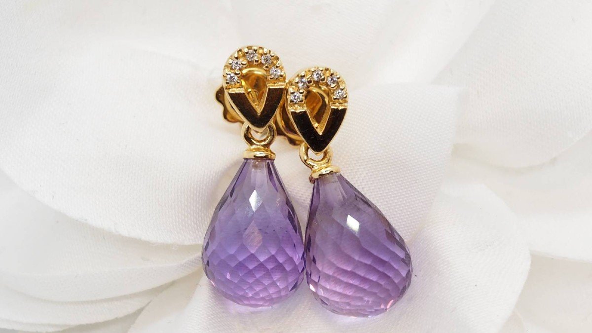 Earrings In Yellow Gold, Briolette Amethysts And Diamonds