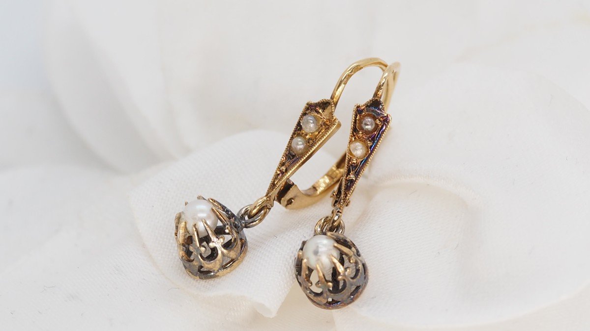 Boucles d'Oreilles Anciennes  En Or Jaune Et Perles Fines-photo-2