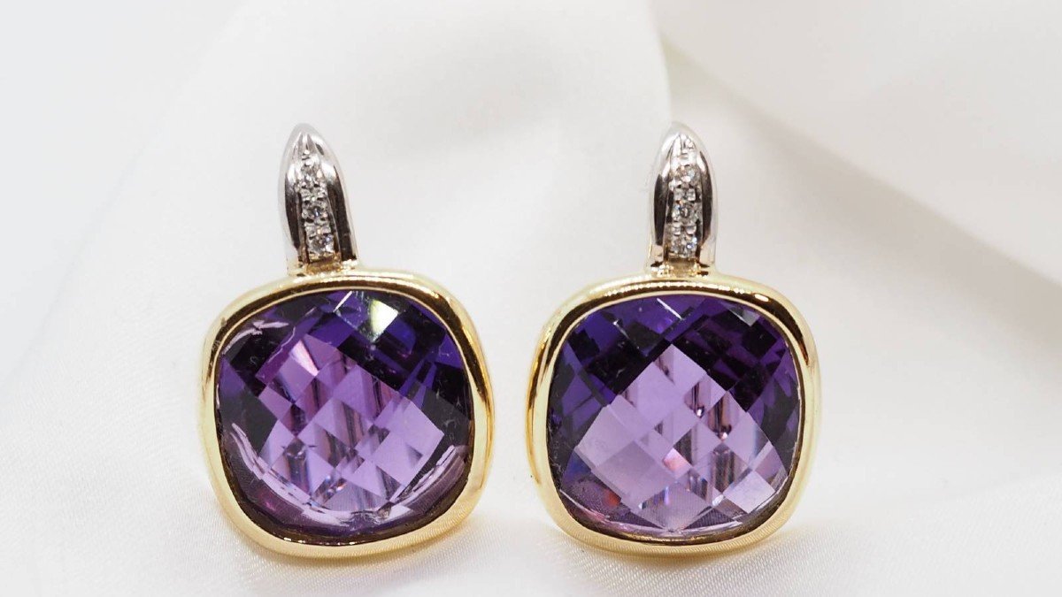 Earrings In Two Yellow Gold, Amethyst And Diamonds-photo-2