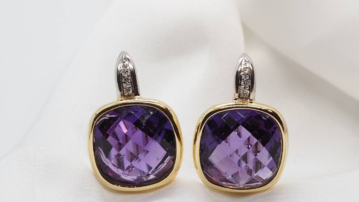 Earrings In Two Yellow Gold, Amethyst And Diamonds