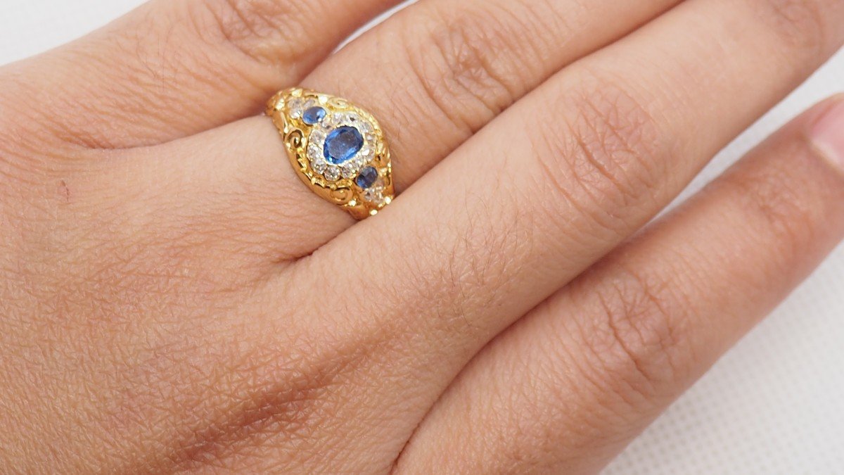 Bague Vintage En Or Jaune, Topaze Bleu Et Diamants-photo-4