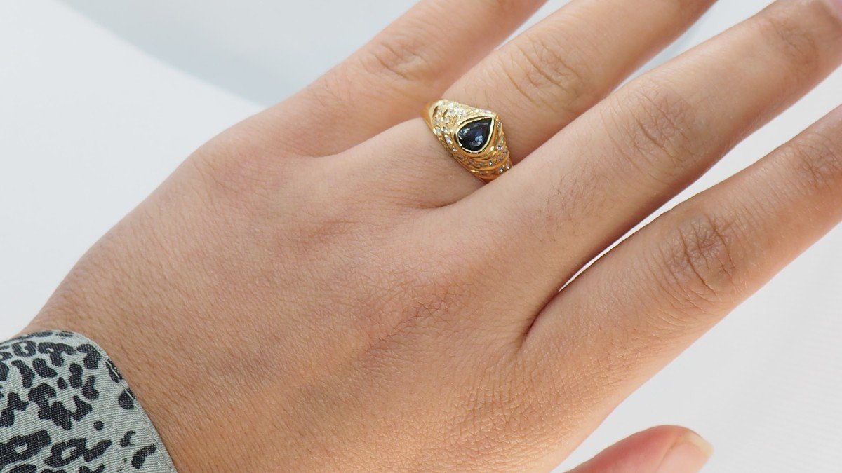 Yellow Gold Ring Set With A Pear And Diamond Sapphire-photo-1