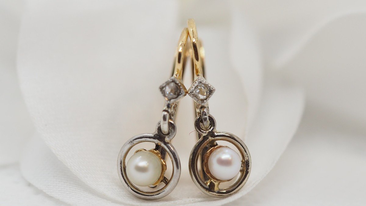 Boucles d'Oreilles Anciennes En Or Bicolore, Perles Fines Et Diamants Taille Roses-photo-2