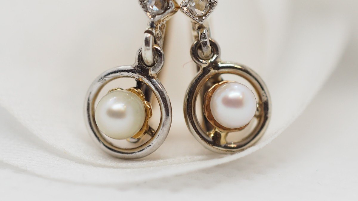 Boucles d'Oreilles Anciennes En Or Bicolore, Perles Fines Et Diamants Taille Roses-photo-4