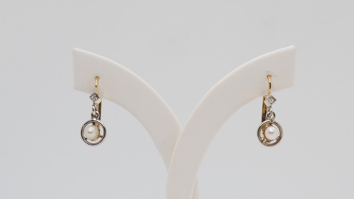 Boucles d'Oreilles Anciennes En Or Bicolore, Perles Fines Et Diamants Taille Roses-photo-3