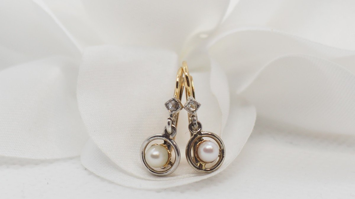 Boucles d'Oreilles Anciennes En Or Bicolore, Perles Fines Et Diamants Taille Roses