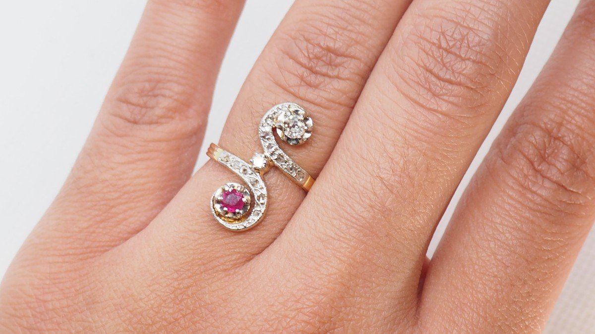 Toi Et Moi Ring In Yellow Gold And Platinum, Diamonds And Rubies-photo-1