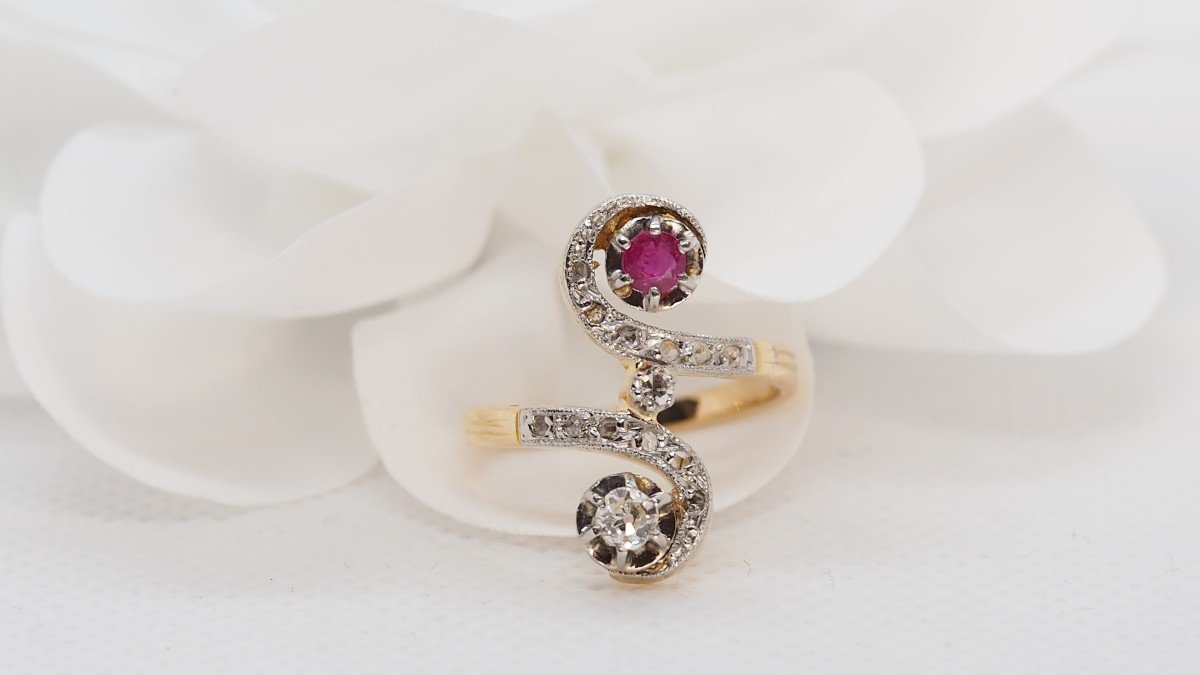 Toi Et Moi Ring In Yellow Gold And Platinum, Diamonds And Rubies