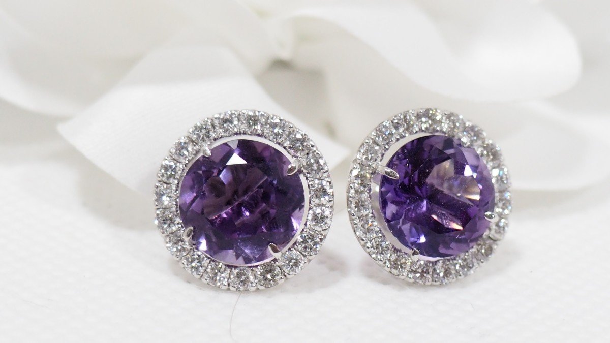 Earrings In White Gold, Round Amethysts And Diamonds-photo-2
