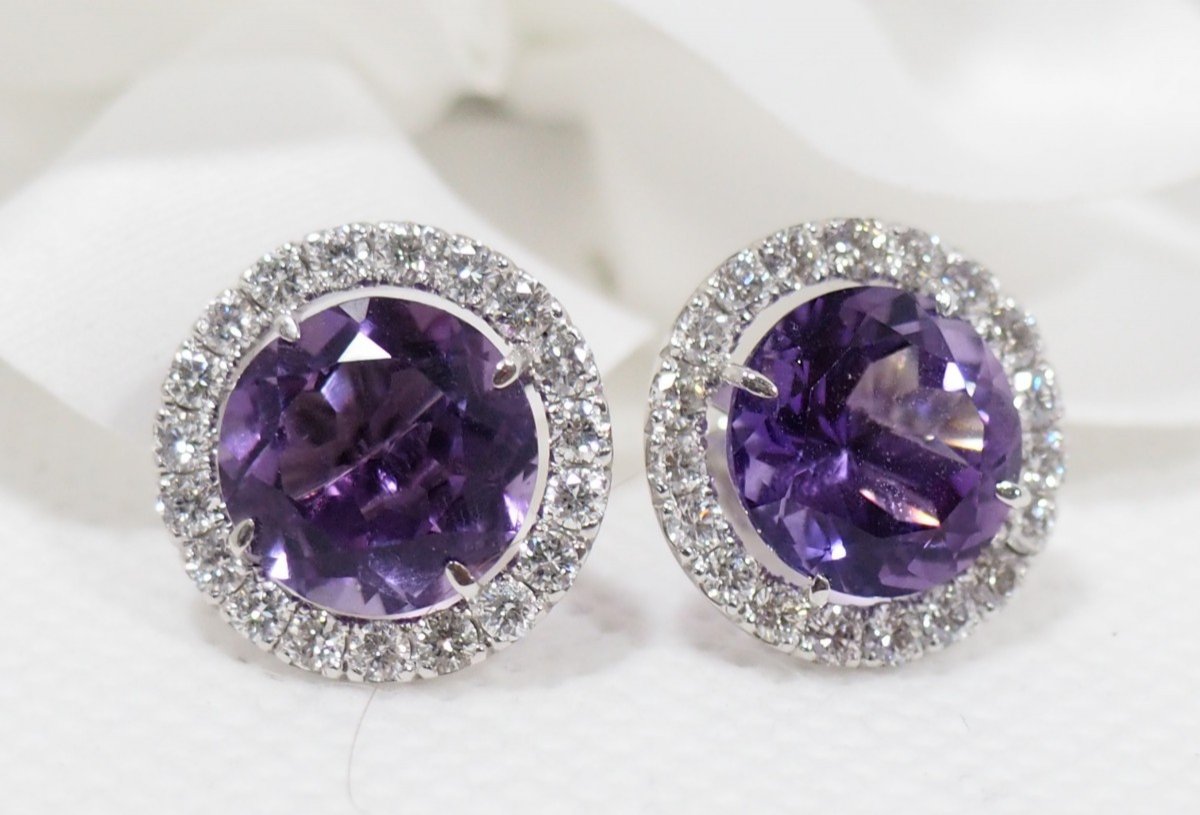 Earrings In White Gold, Round Amethysts And Diamonds