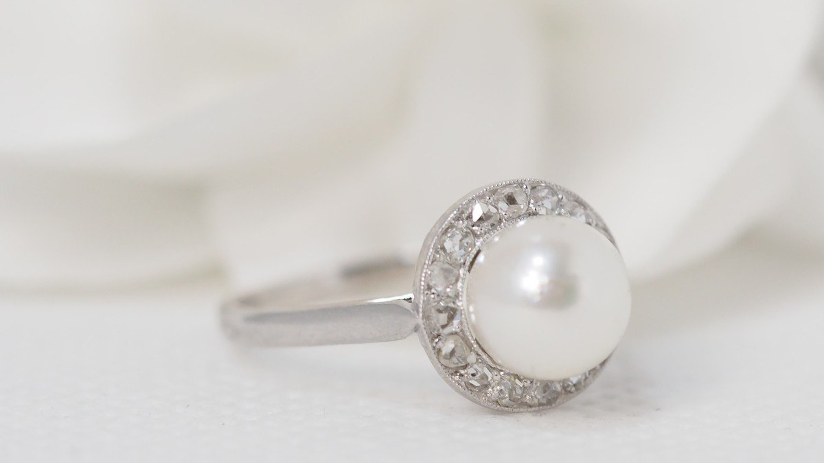 White Gold, Cultured Pearl And Diamond Ring-photo-3