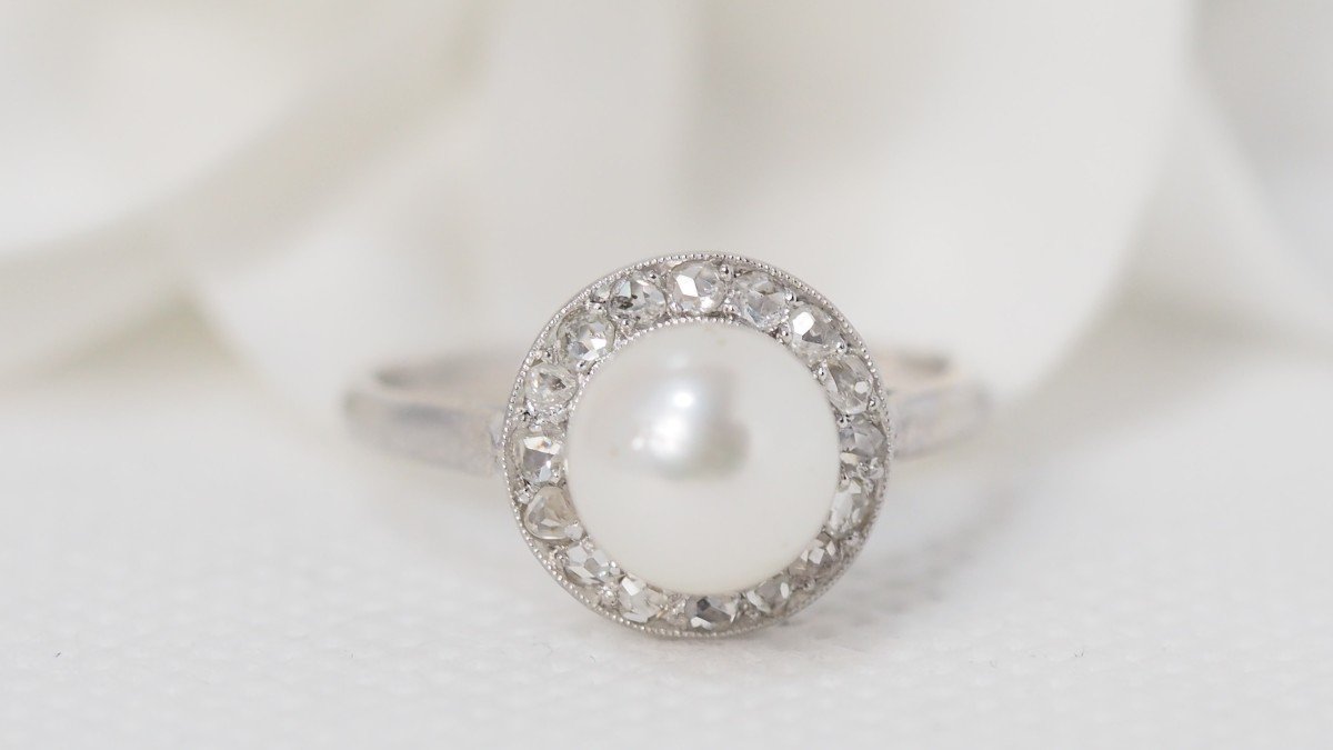 White Gold, Cultured Pearl And Diamond Ring