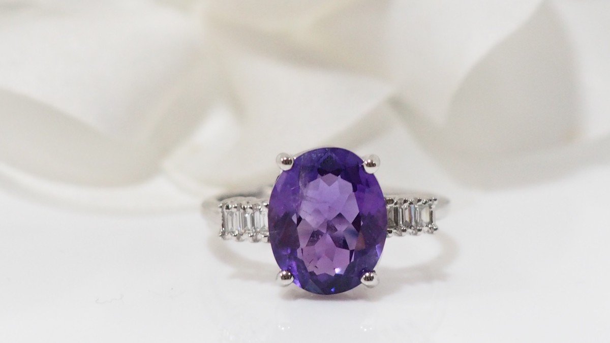 White Gold, Amethyst And Diamond Ring