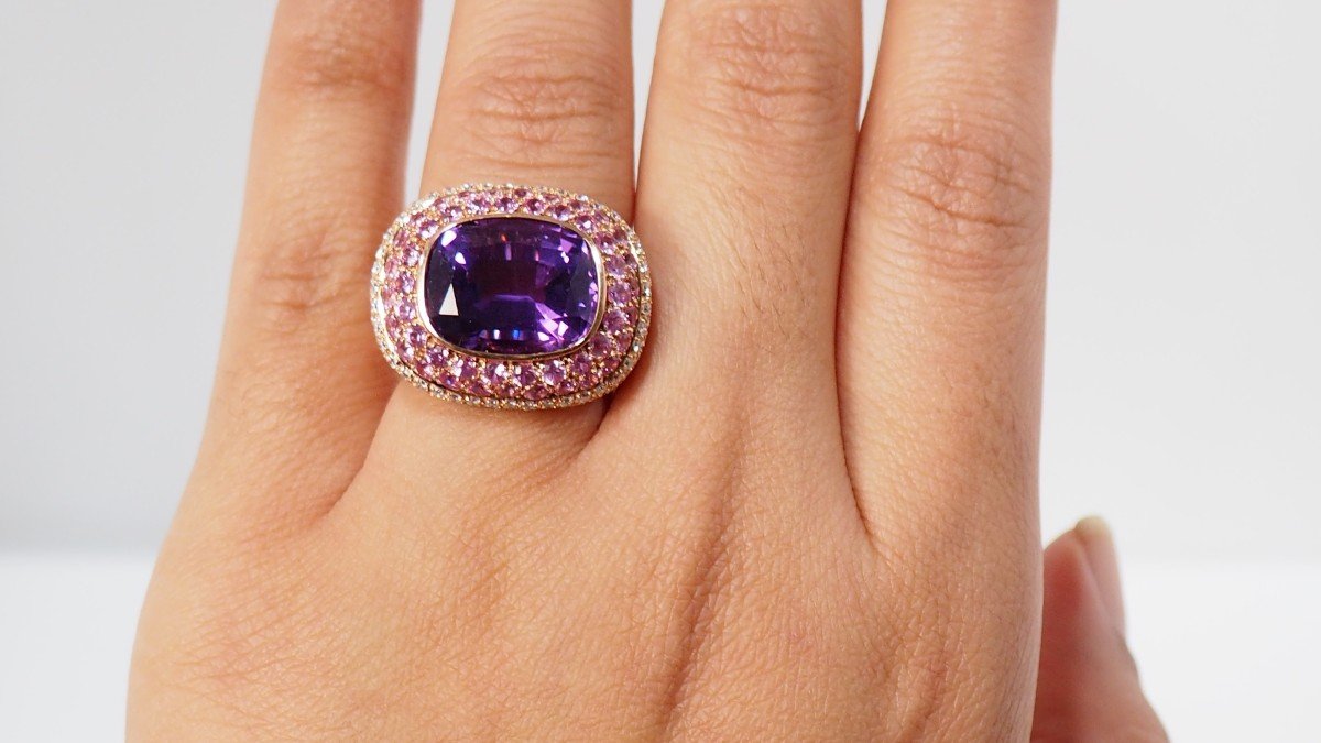 Importante Bague En Or Jaune Ornée d'Une Améthyste Et Diamants-photo-3