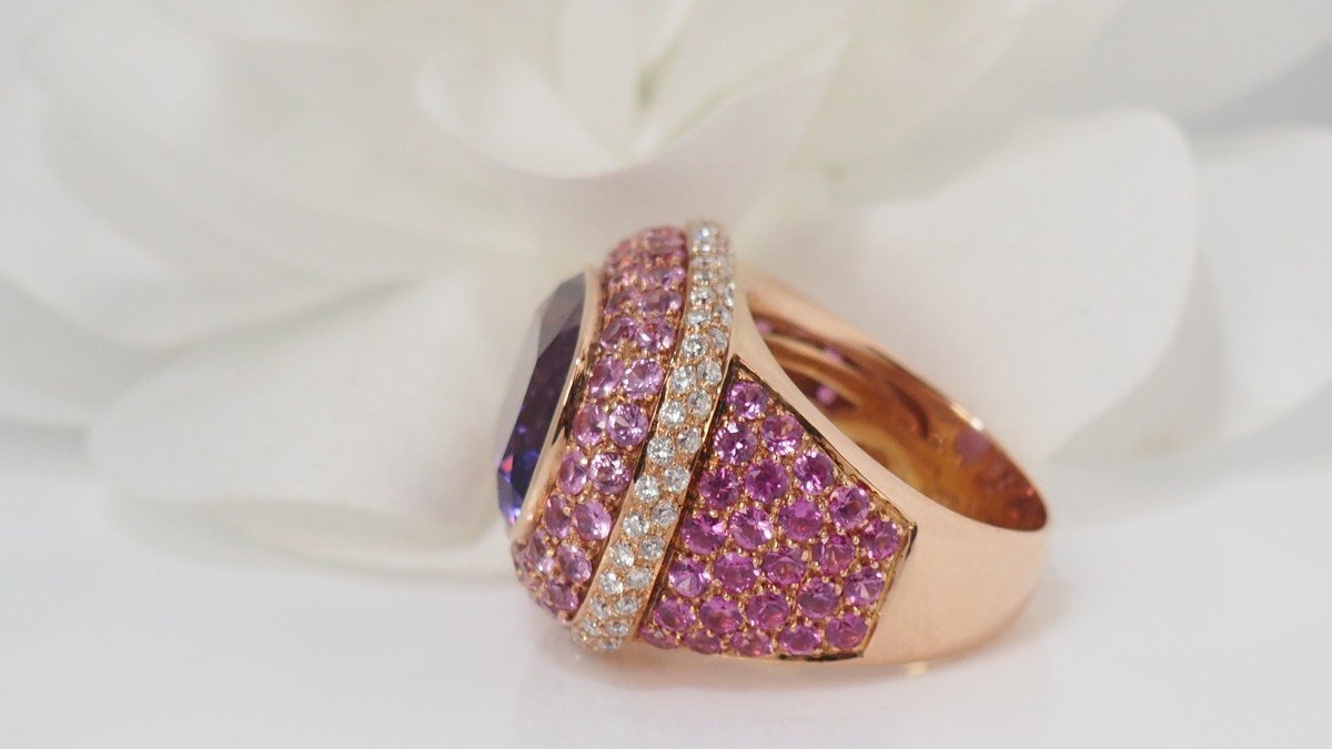 Importante Bague En Or Jaune Ornée d'Une Améthyste Et Diamants-photo-4