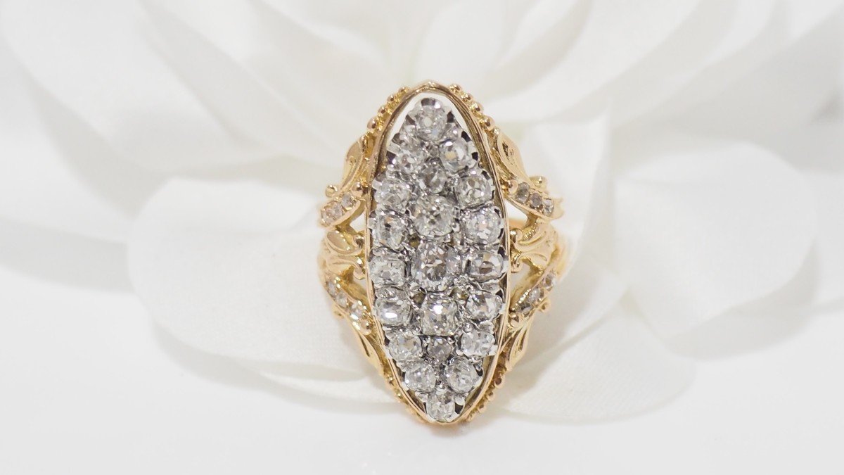 Marquise Ring In Yellow Gold And Silver, Set With Diamonds-photo-2