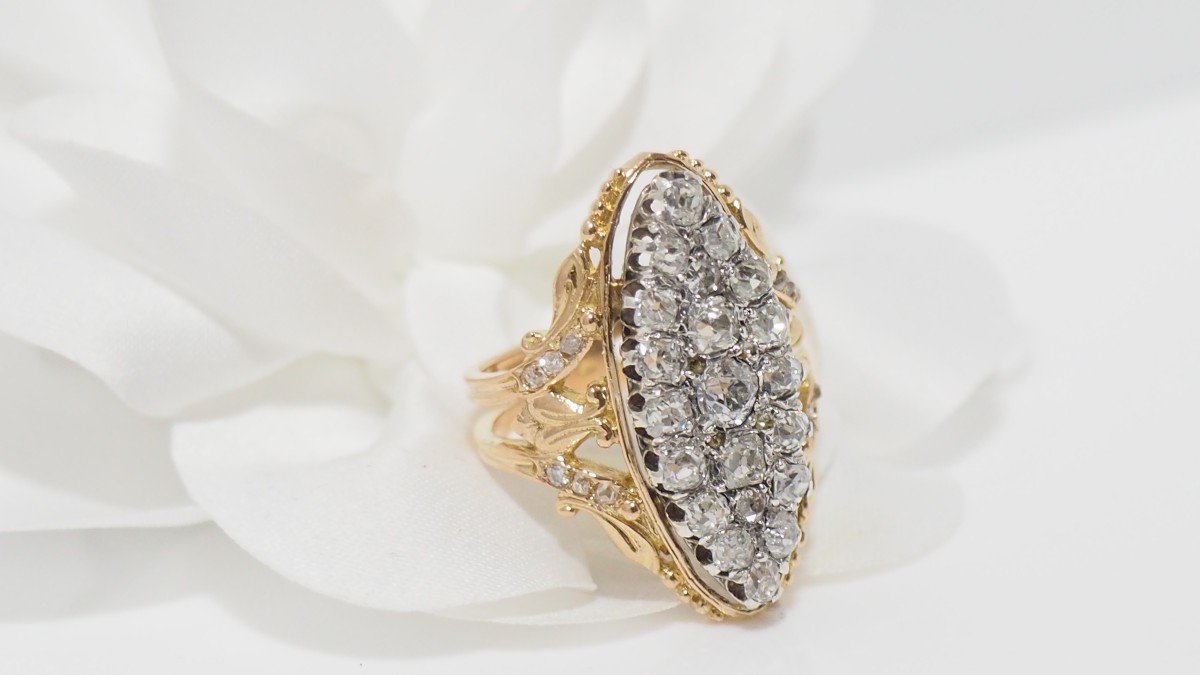 Bague Marquise En Or jaune et argent, Sertie De Diamants-photo-4