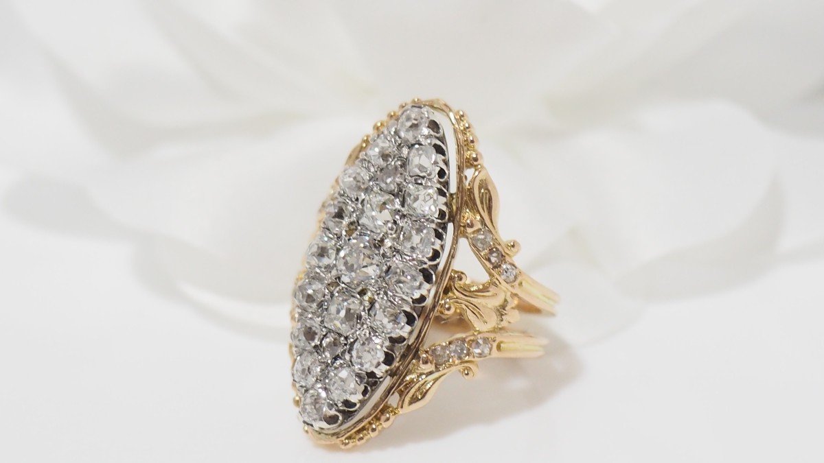 Marquise Ring In Yellow Gold And Silver, Set With Diamonds-photo-1