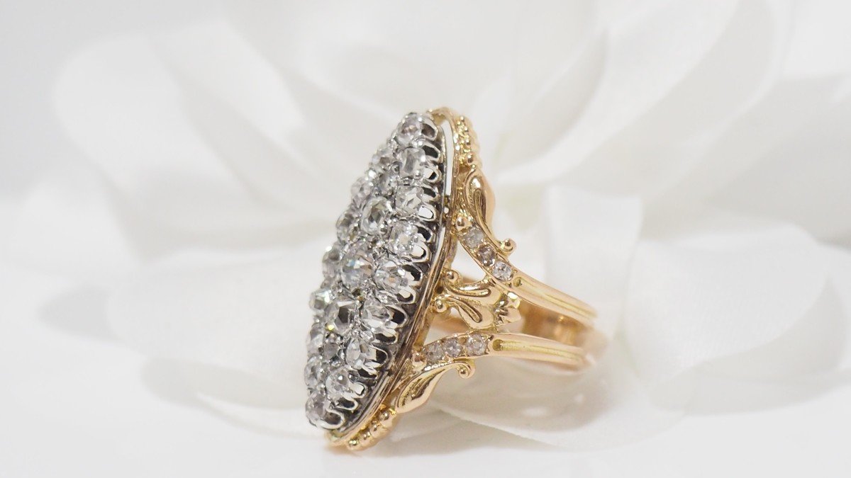 Marquise Ring In Yellow Gold And Silver, Set With Diamonds-photo-4