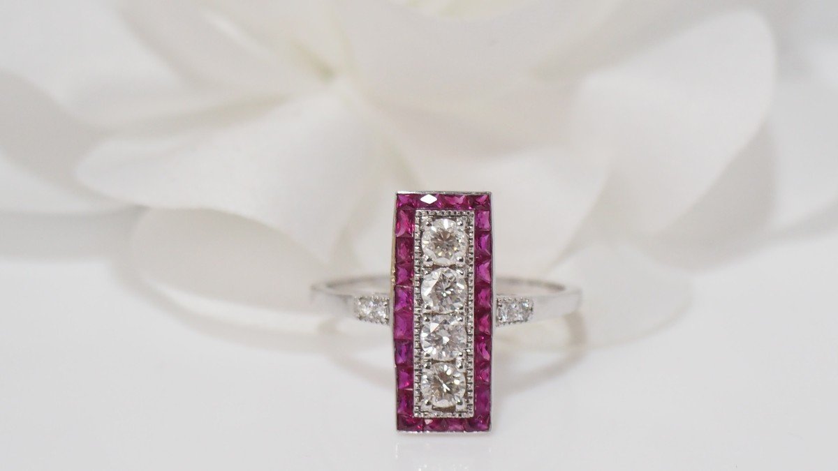 Art Deco Ring In White Gold, Rubies And Diamonds-photo-2