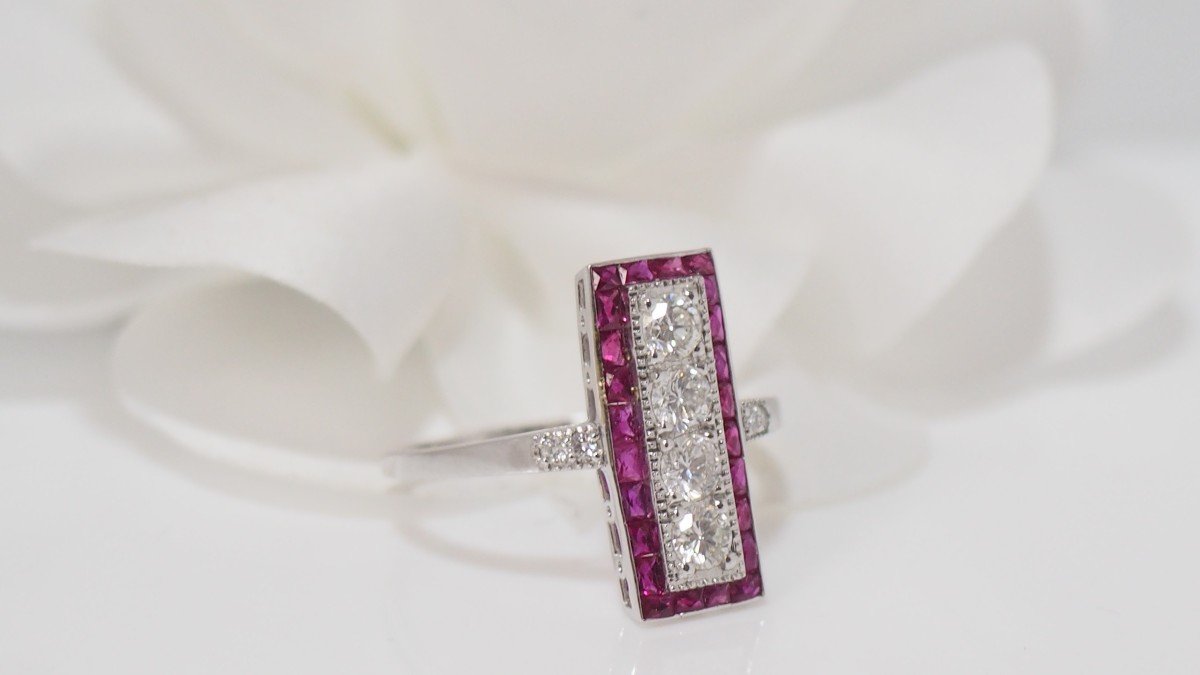 Art Deco Ring In White Gold, Rubies And Diamonds-photo-4