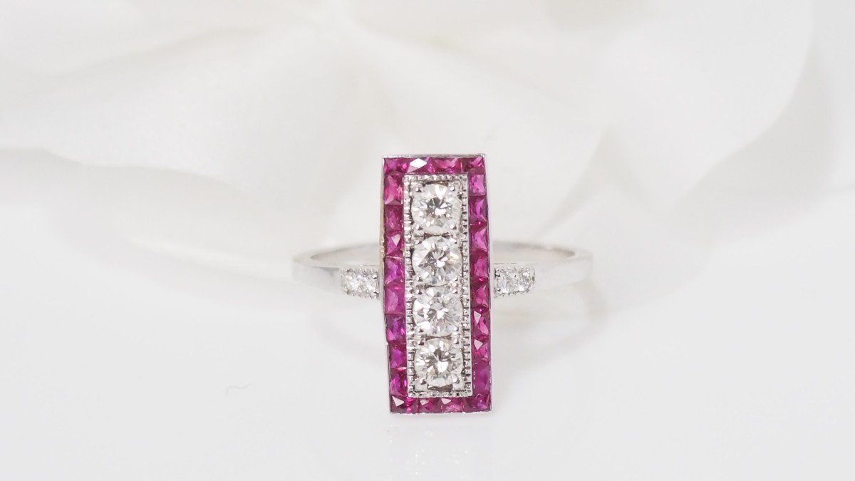 Art Deco Ring In White Gold, Rubies And Diamonds