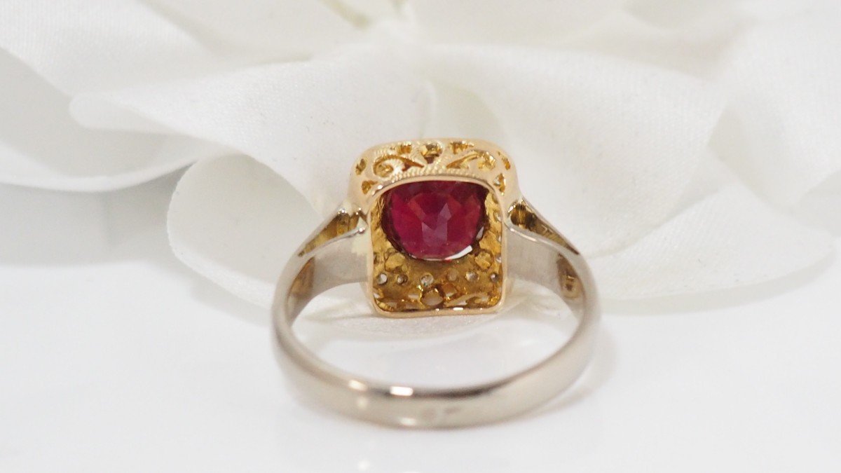 Bague En Or Bicolore, Pierre Rouge Et Diamants-photo-4