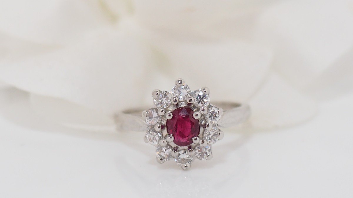 Daisy Ring In White Gold, Rubies And Diamonds
