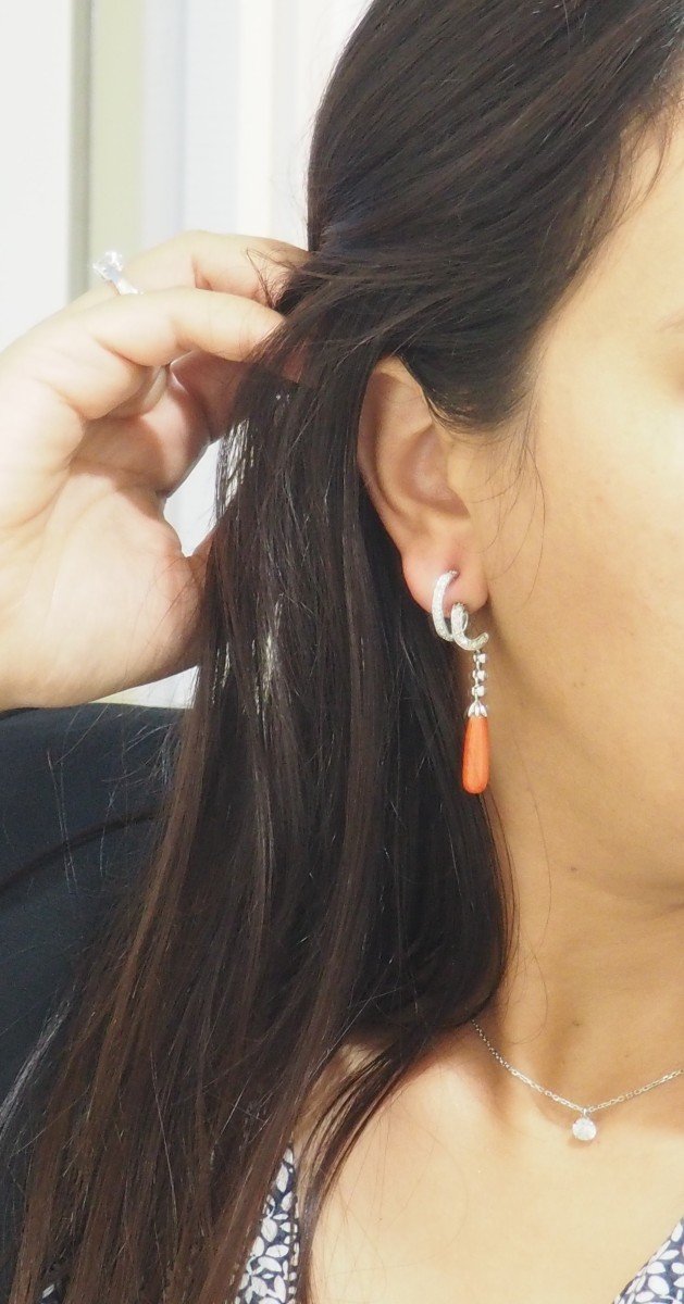  Pendants D'oreilles   En Or Blanc, Diamants Et Corail-photo-2