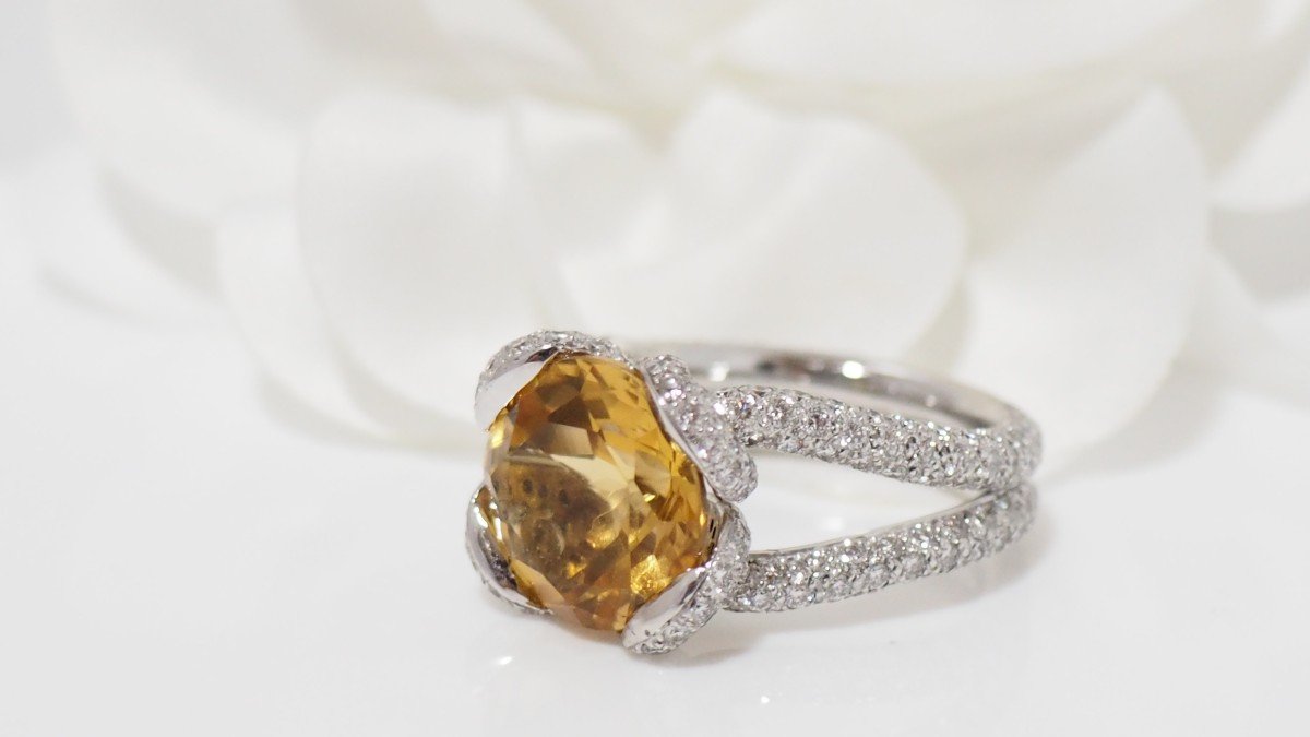 Bague En Or Blanc, Citrine Et Diamants-photo-2