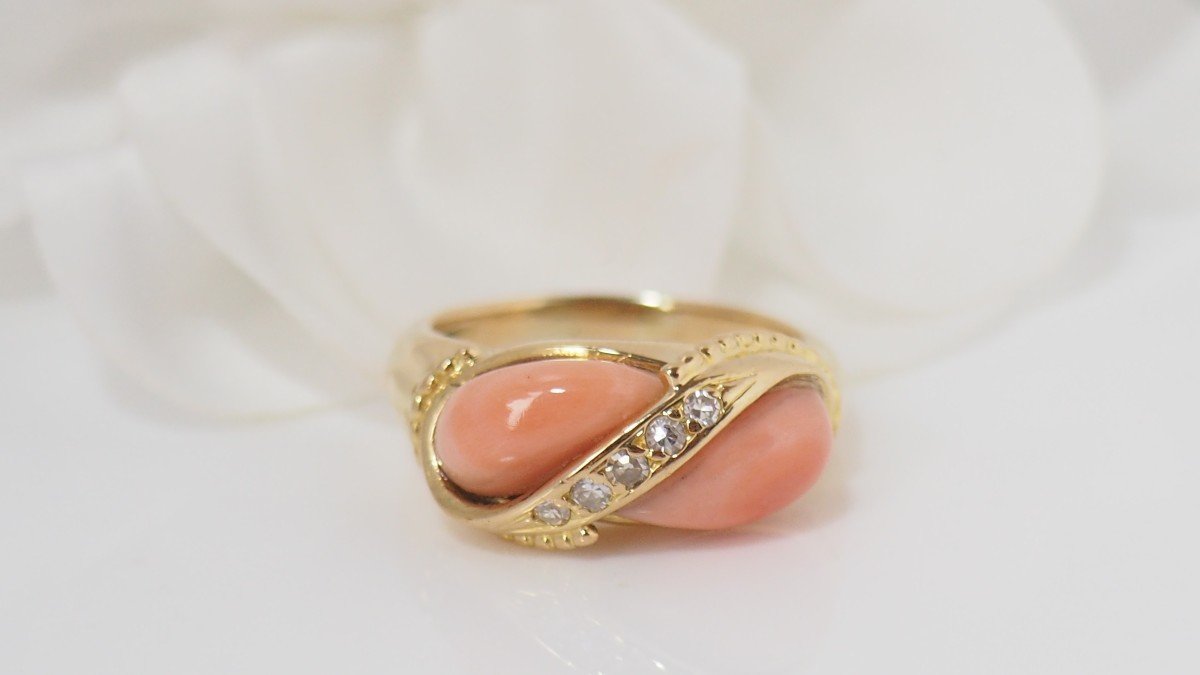 Bague En Or Jaune, Cabochons De Corail Et Diamants-photo-3