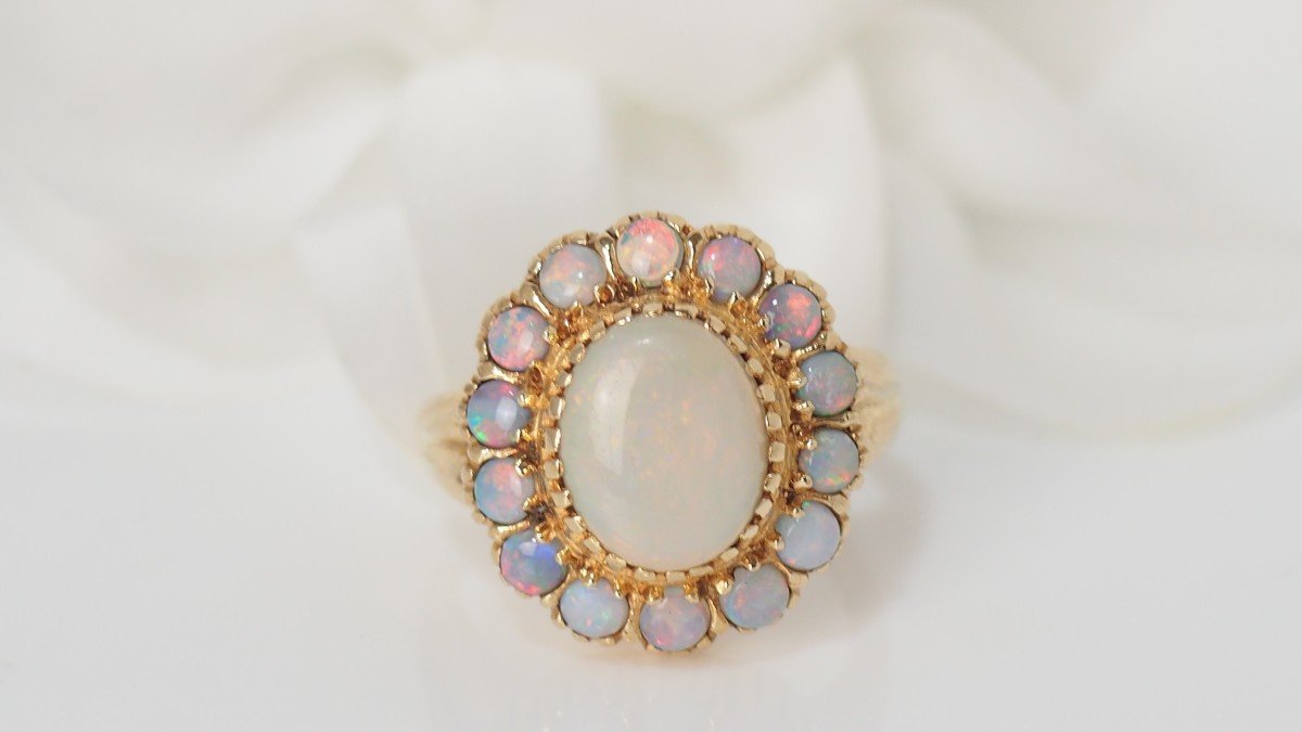 Bague Marguerite En Or Jaune Et Opales-photo-2