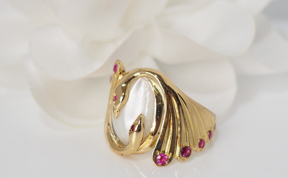 Bague En Or Jaune, Pierre De Lune Et Rubis-photo-3