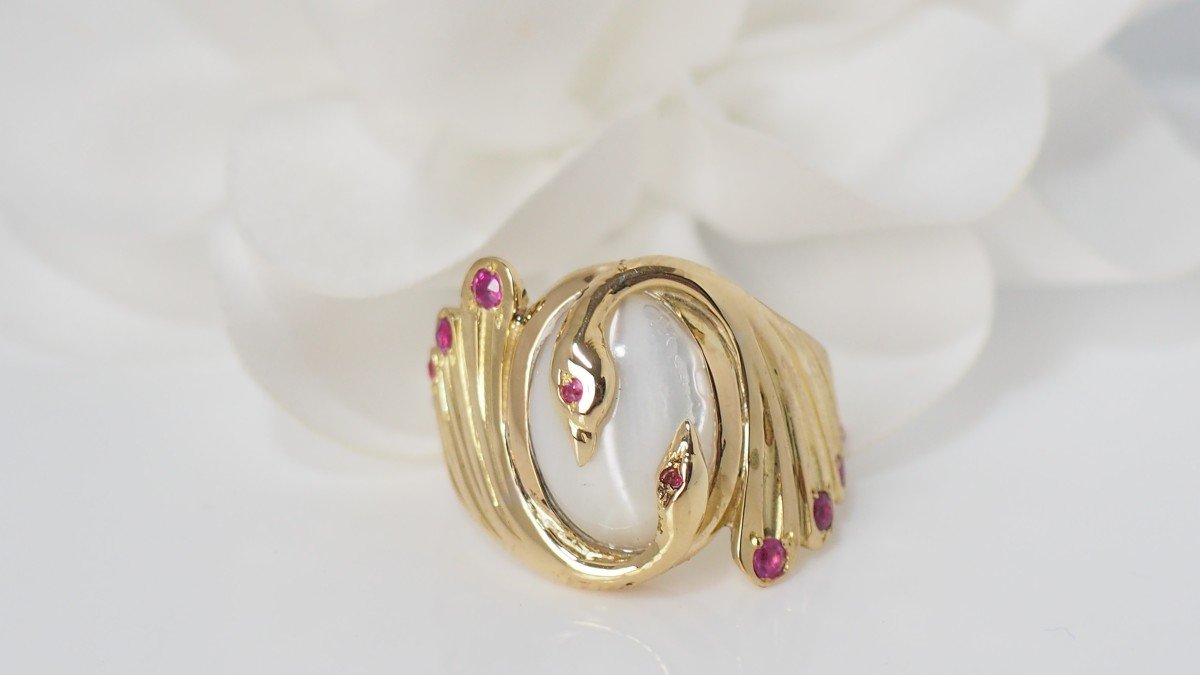 Bague En Or Jaune, Pierre De Lune Et Rubis-photo-3