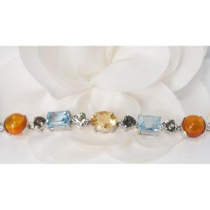 Bracelet In White Gold, Citrines Topazes Tourmalines And Diamonds