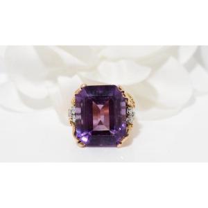 Bague vintage en or rose et platine, améthyste et diamants