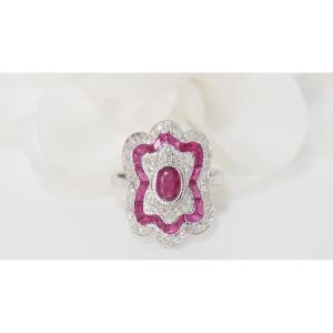 Art Deco Style Ring In White Gold, Rubies And Diamonds