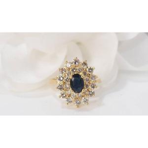 Double Entourage Ring In Yellow Gold, Oval Sapphire And Diamonds