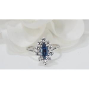 Navette Ring In White Gold, Sapphire And Diamond