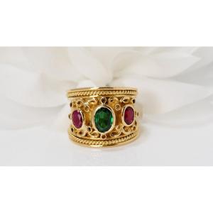 Ribbon Bangle Ring In Ruby Yellow Gold And Green Stone