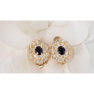 Boucles d'Oreilles Double Entourage En Or Jaune, Saphirs Et Diamants