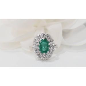 Marguerite Ring In White Gold, Emerald And Diamonds